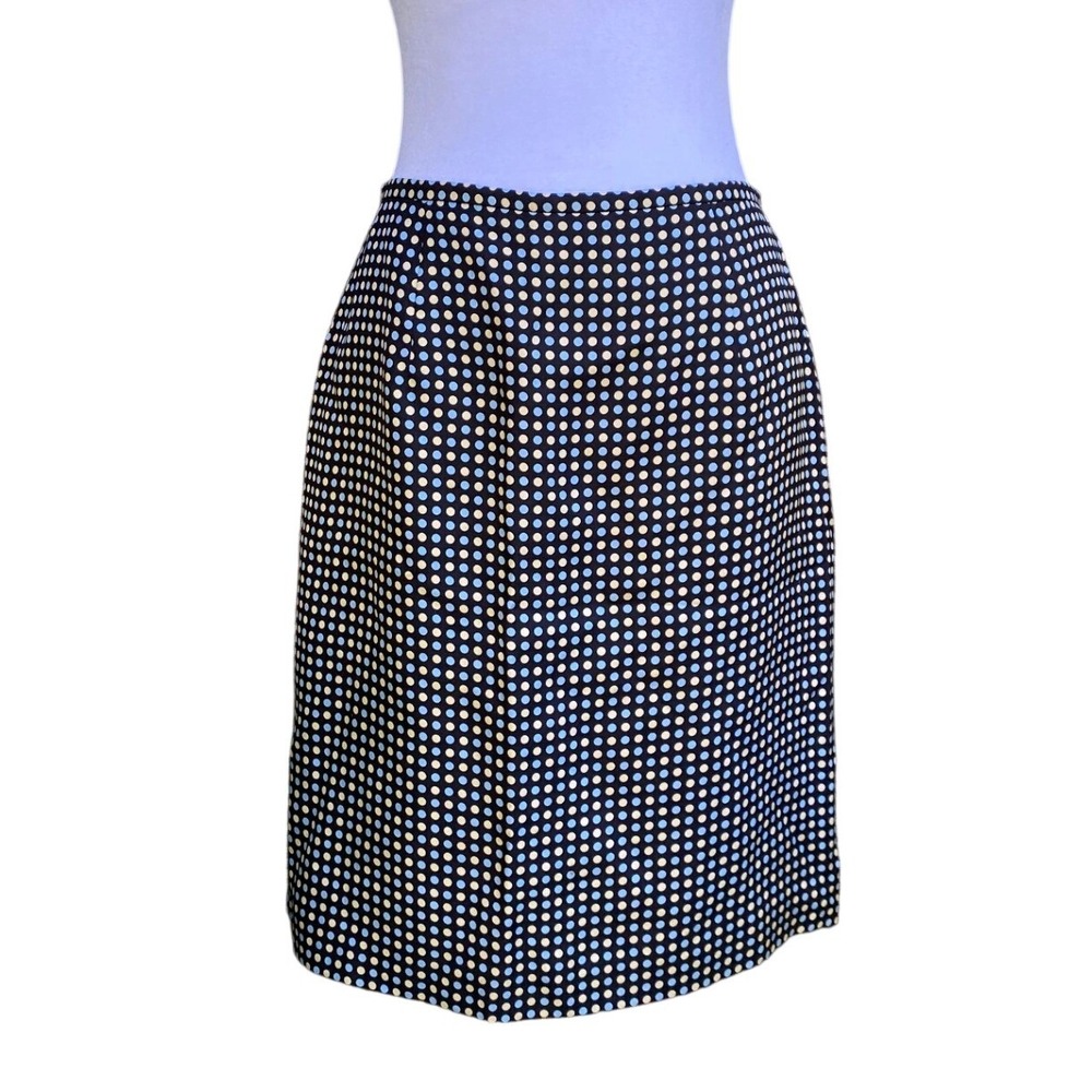 Vintage 1990s 100% Silk Polka Dot Midi Pencil Skirt Blue 6 Twee Preppy Y2K Work